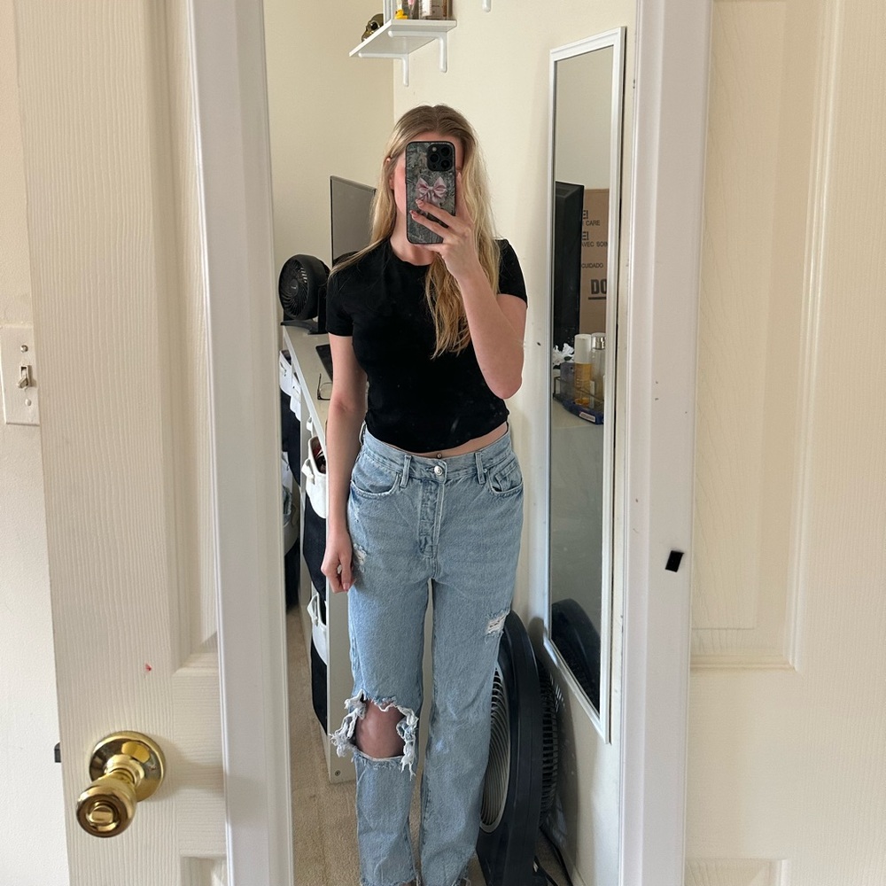PACSUN High Rise Straight Leg Denim Rip Jeans